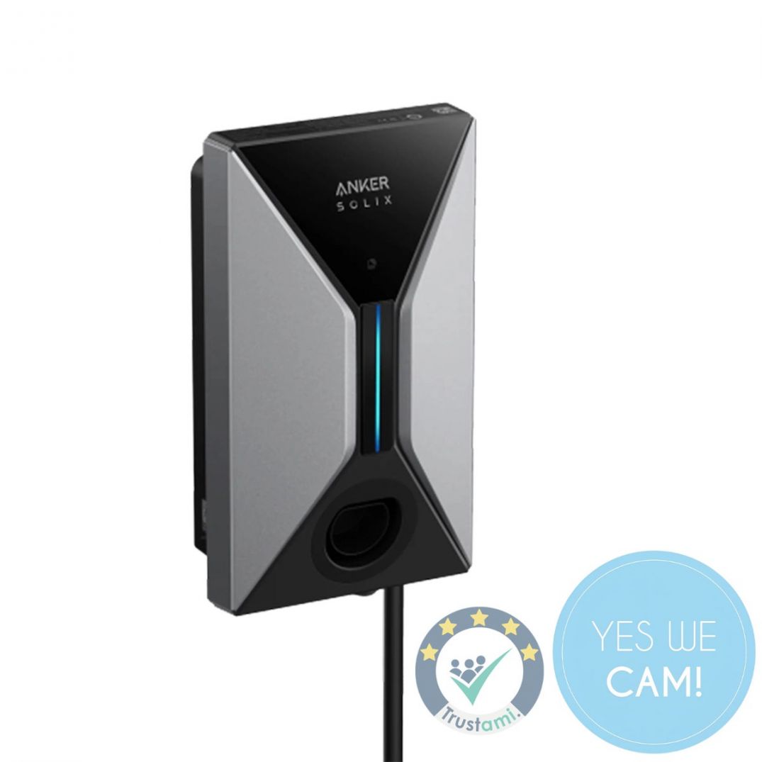 Anker Solix V1 Smart EV-Charger 11 kW in der Frontansicht mit LED-Statusleiste und fest integriertem Typ-2 Kabel.