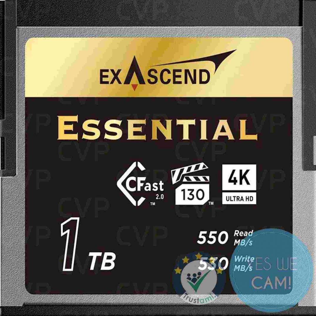 Exascend Cinema Cfast 1TB Essential Speicherkarte Frontansicht mit 4K und 550 MB/s Lesegeschwindigkeit