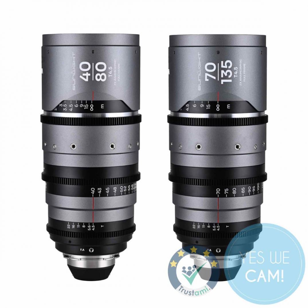 Frontansicht der LAOWA Sunlight 2X Anamorphic Zoom Objektive 40-80mm und 70-135mm mit PL-Mount