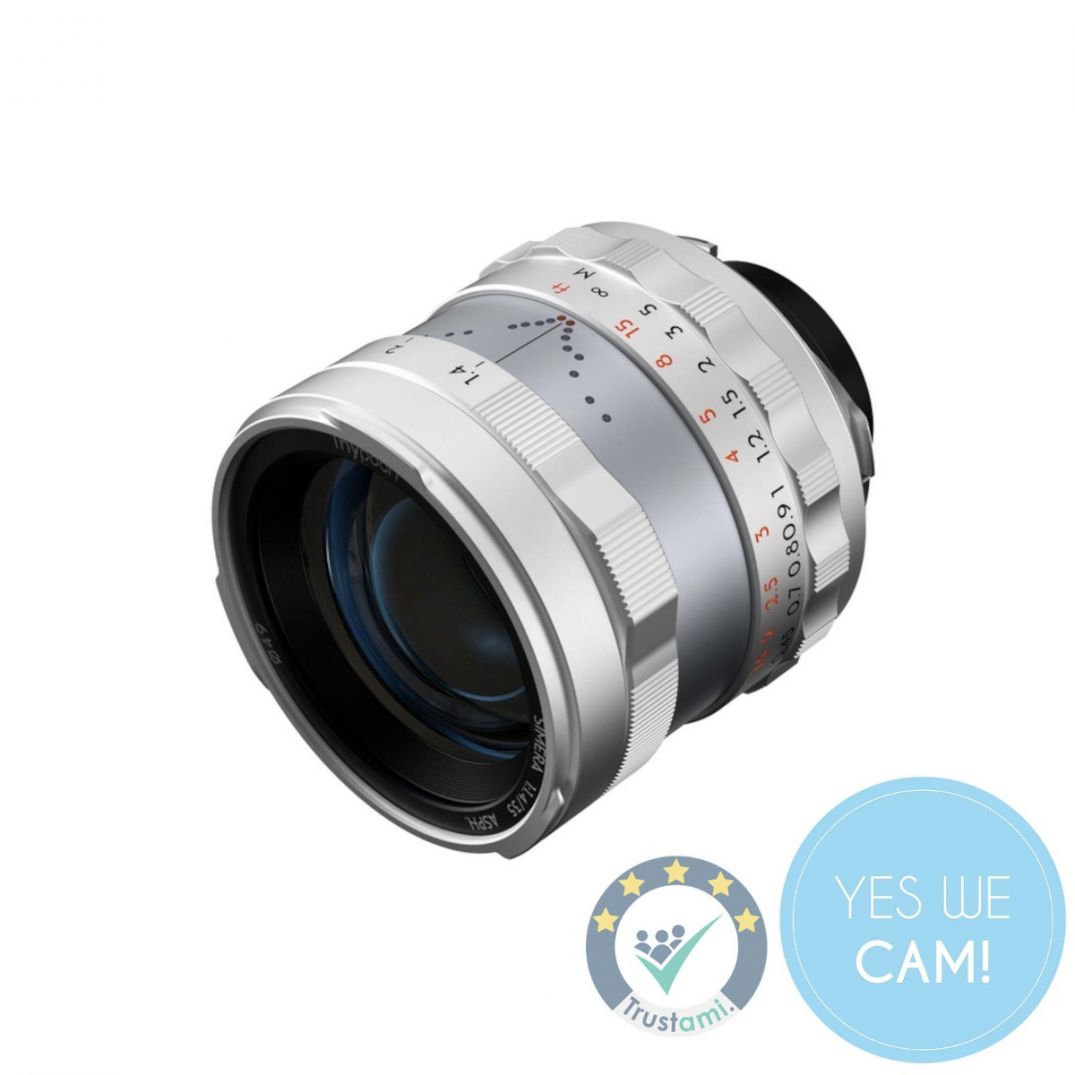 THYPOCH Simera 35 mm f/1.4 Type i Silber Objektiv - frontale Ansicht mit sichtbarer Blende