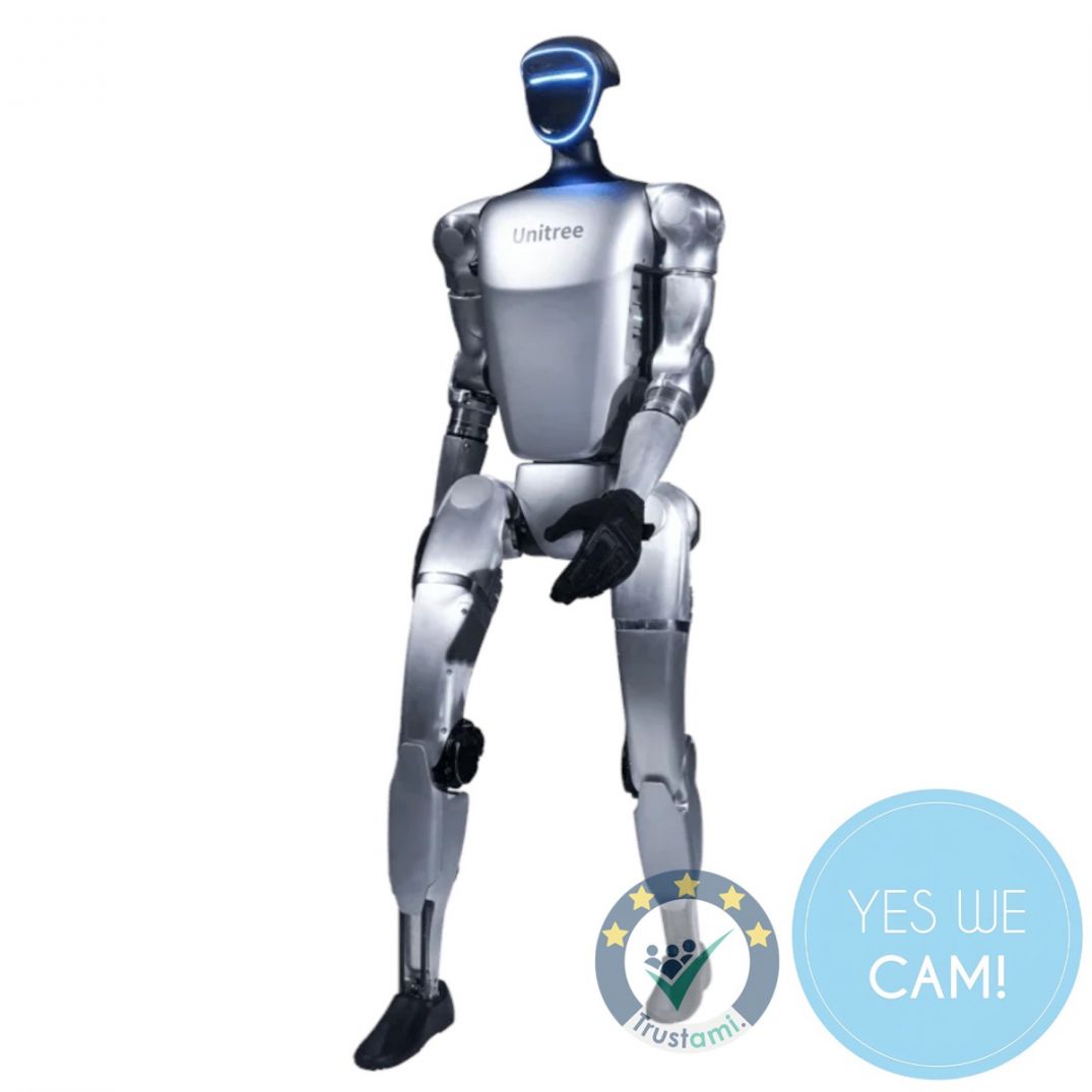 Frontansicht des Unitree G1 humanoiden Roboters mit moderner Silhouette und klarer Designsprache für Forschung und Entwicklung.