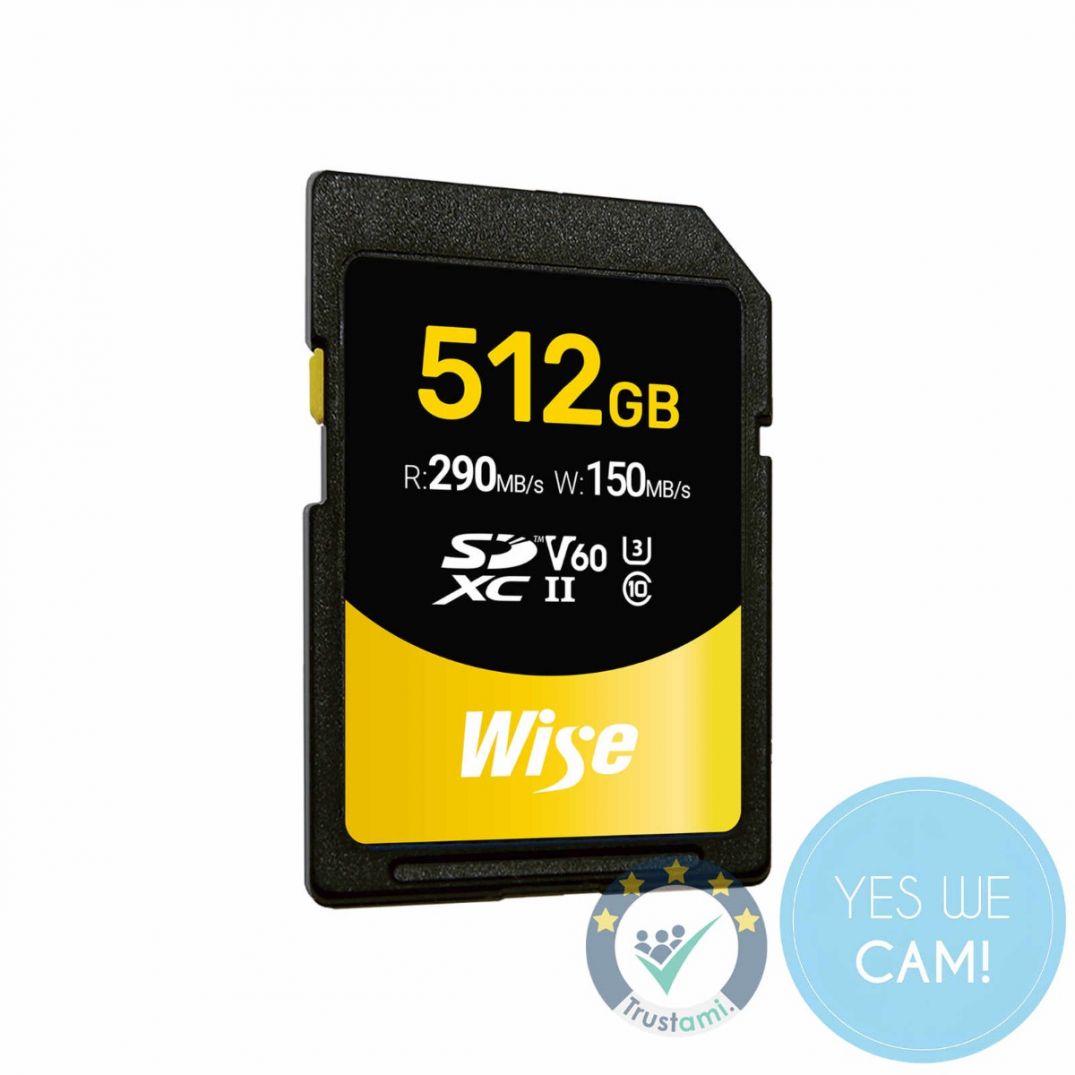 Wise 512 GB SDXC UHS‑II V60 Memory Card in der Vorderansicht mit Produktlabel und Geschwindigkeitsangaben