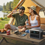 Anker Solix C1000X GEN 2 beim Camping auf einem Holztisch mit Drohne und Smartphone
