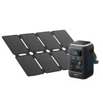 Anker SOLIX C300X DC Powerstation neben dem aufgeklappten PS60 Solarpanel in seitlicher Ansicht für mobile Energieanwendungen