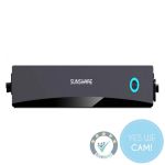 Sunshare Glory Hybrid Inverter in schwarzer Ausführung mit zentralem SUNSHARE-Logo und blauem LED-Ring, Frontansicht vor hellem Hintergrund