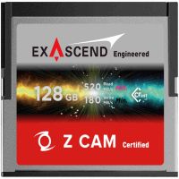 Exascend Cinema CFast 128GB CFast-2.0-Speicherkarte in Frontansicht mit 520 MB/s Read und 180 MB/s Write Angabe